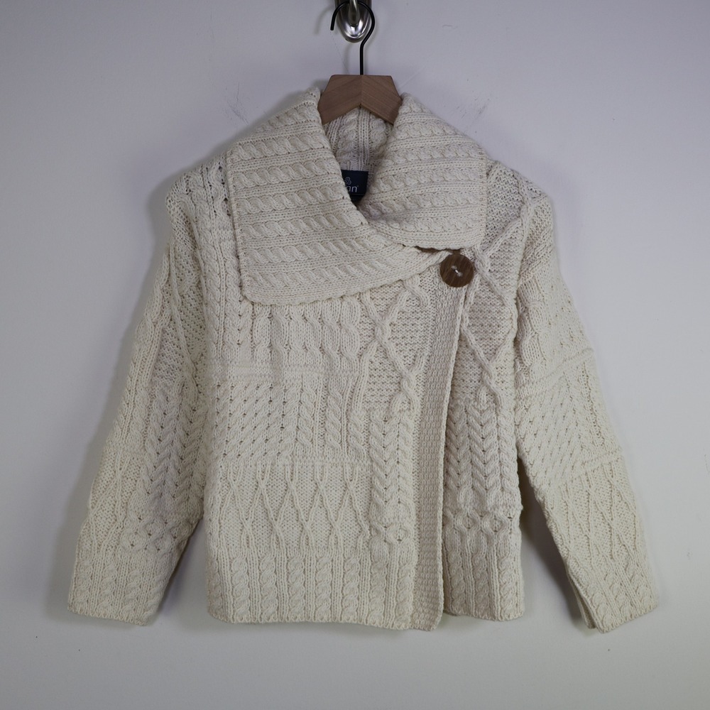 Aran Woollen Mills Merino Wool Cable Knit Wrap Cardigan S Cream‎ Irish Sweater